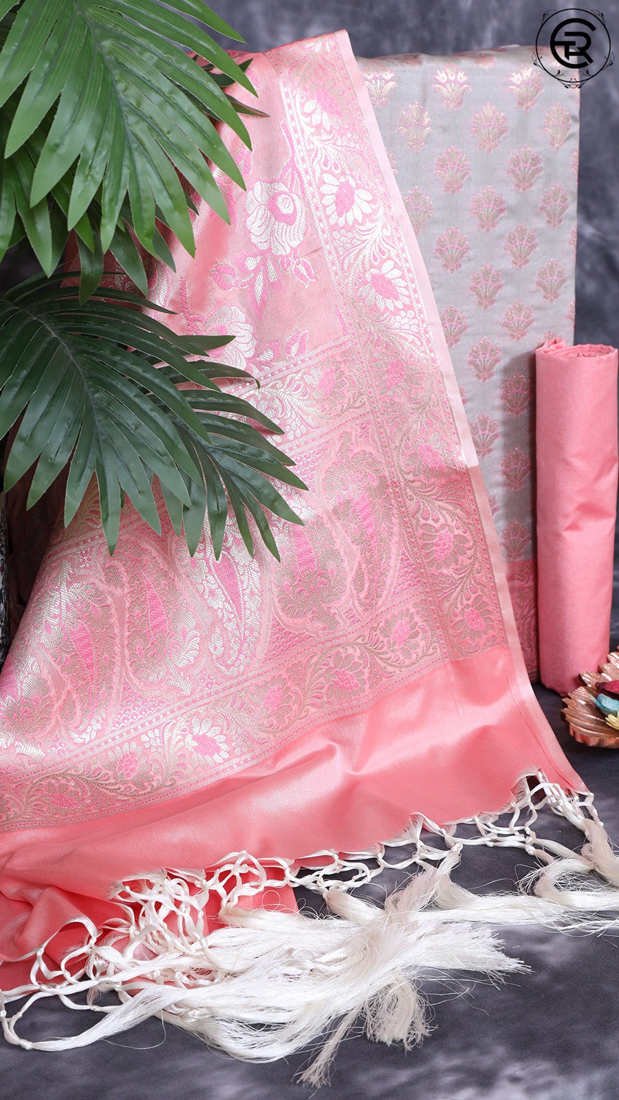 Grey and Baby Pink Silk Contrast Zari Woven Banaras Salwar