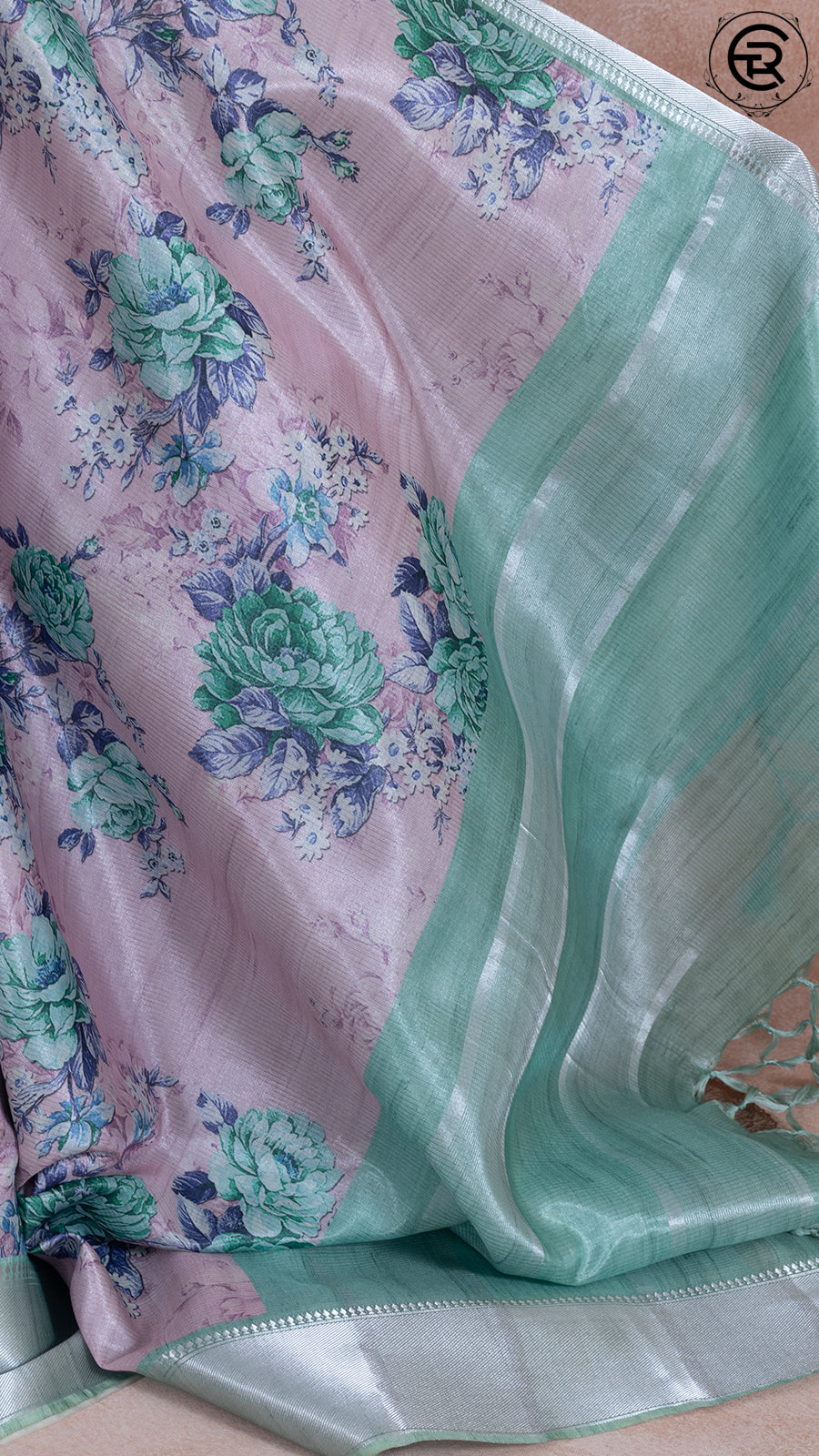Pink and Green Floral Printed with Simple Pallu Mangalagiri Silk Saree