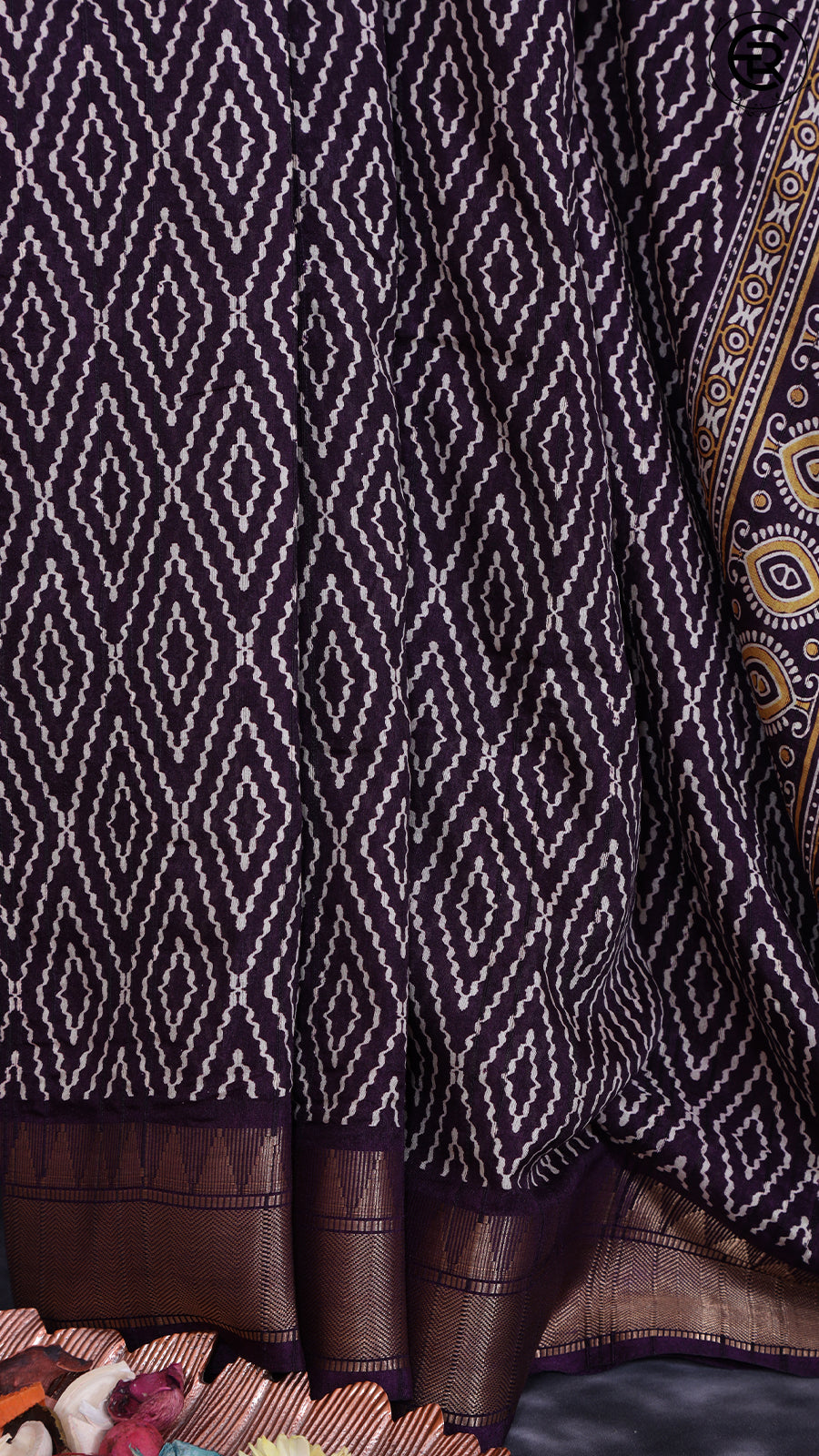 Eggplant Violet Diamond Patterned with Traditional Border Viscose Dola Silk Saree