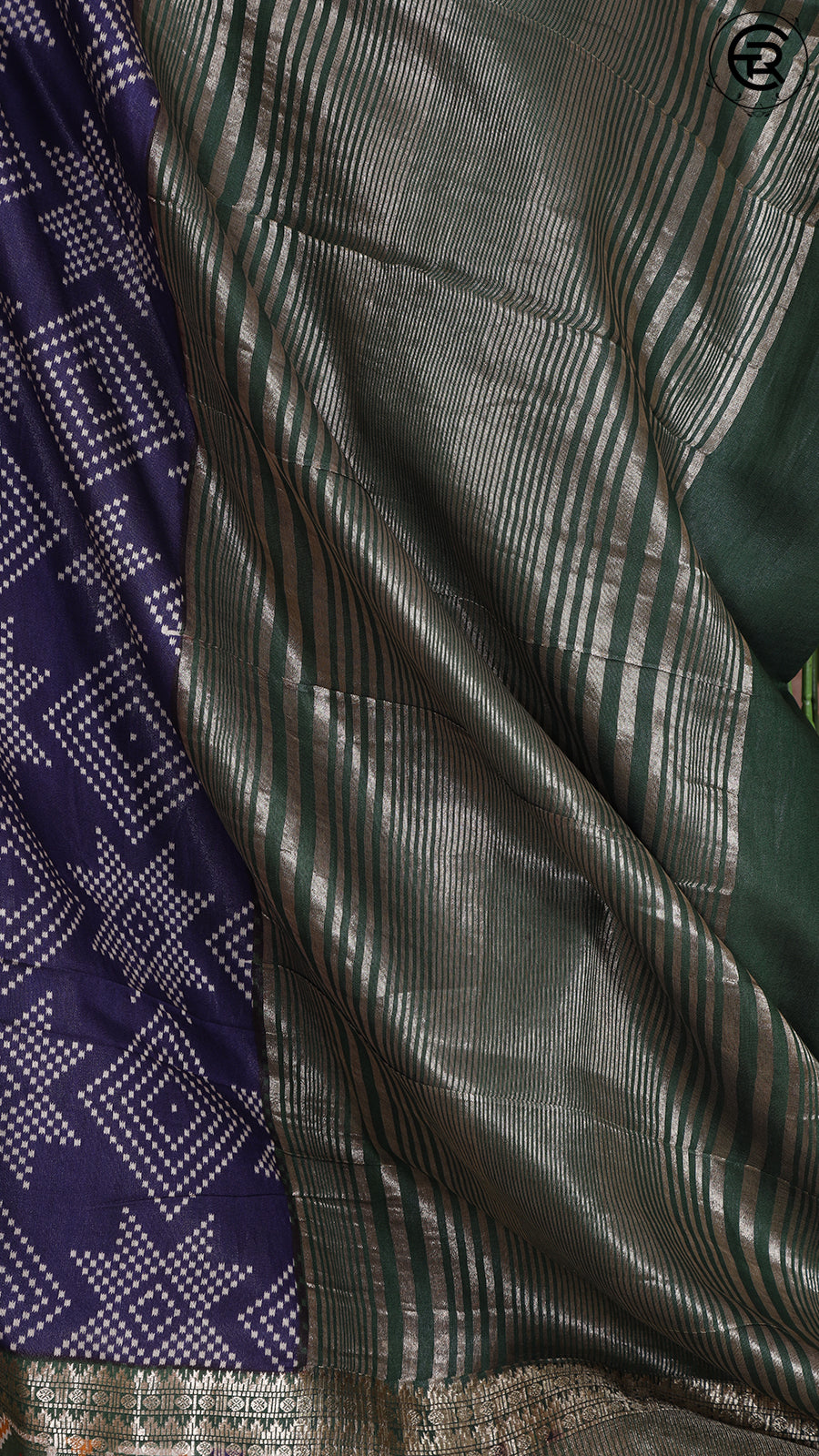Blue and Green Diamond and Star Patterned Pashmina Cotton Saree