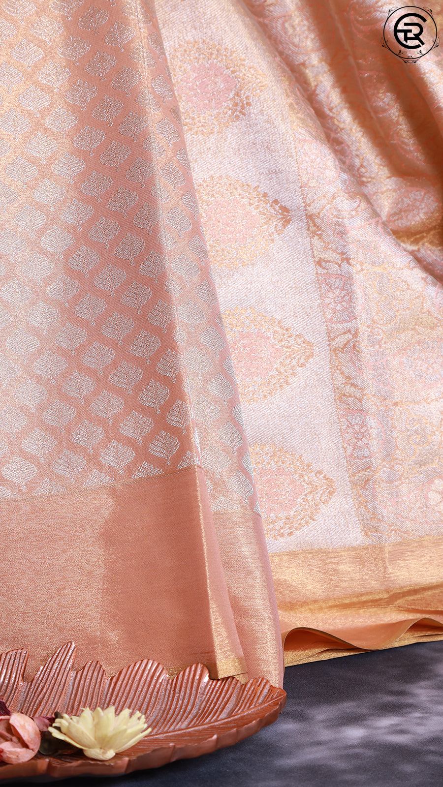 Rose Gold and Silver Leaf Zari Pure Tissue Silk Saree