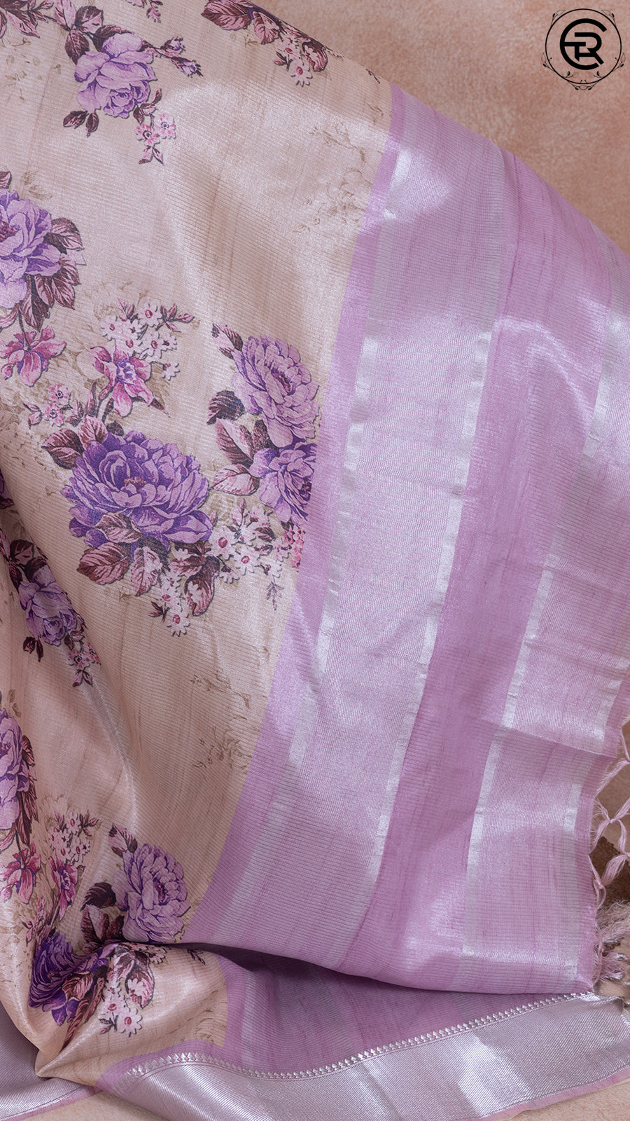 Violet and Beige Floral Printed with Simple Pallu Mangalagiri Silk Saree