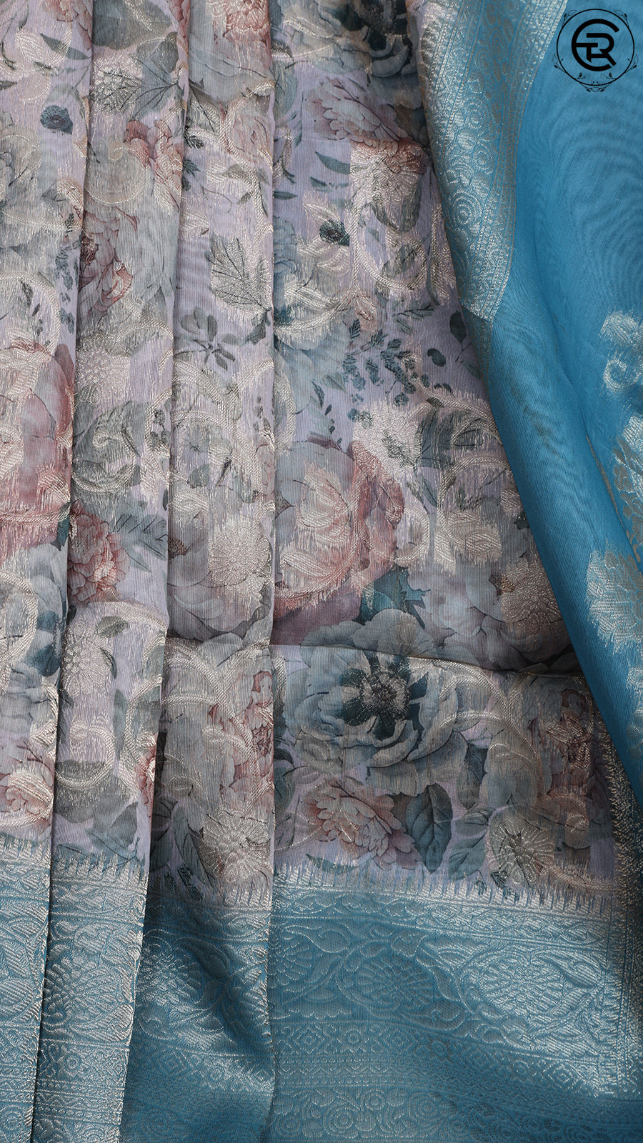 Cream and Teal Blue Floral Jute Banaras Saree