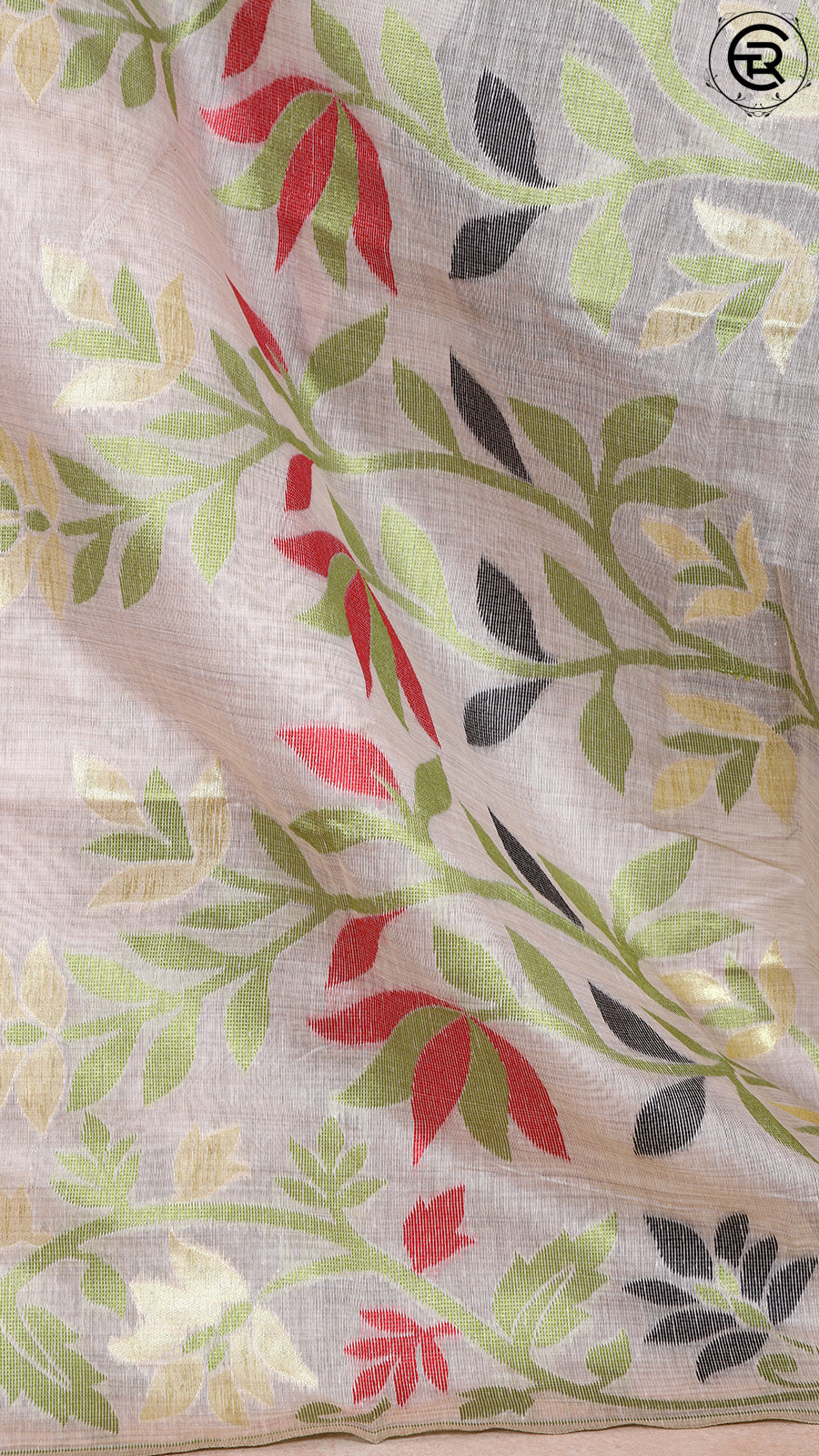 Off White and Green Floral Jamdani Tussar Silk Saree