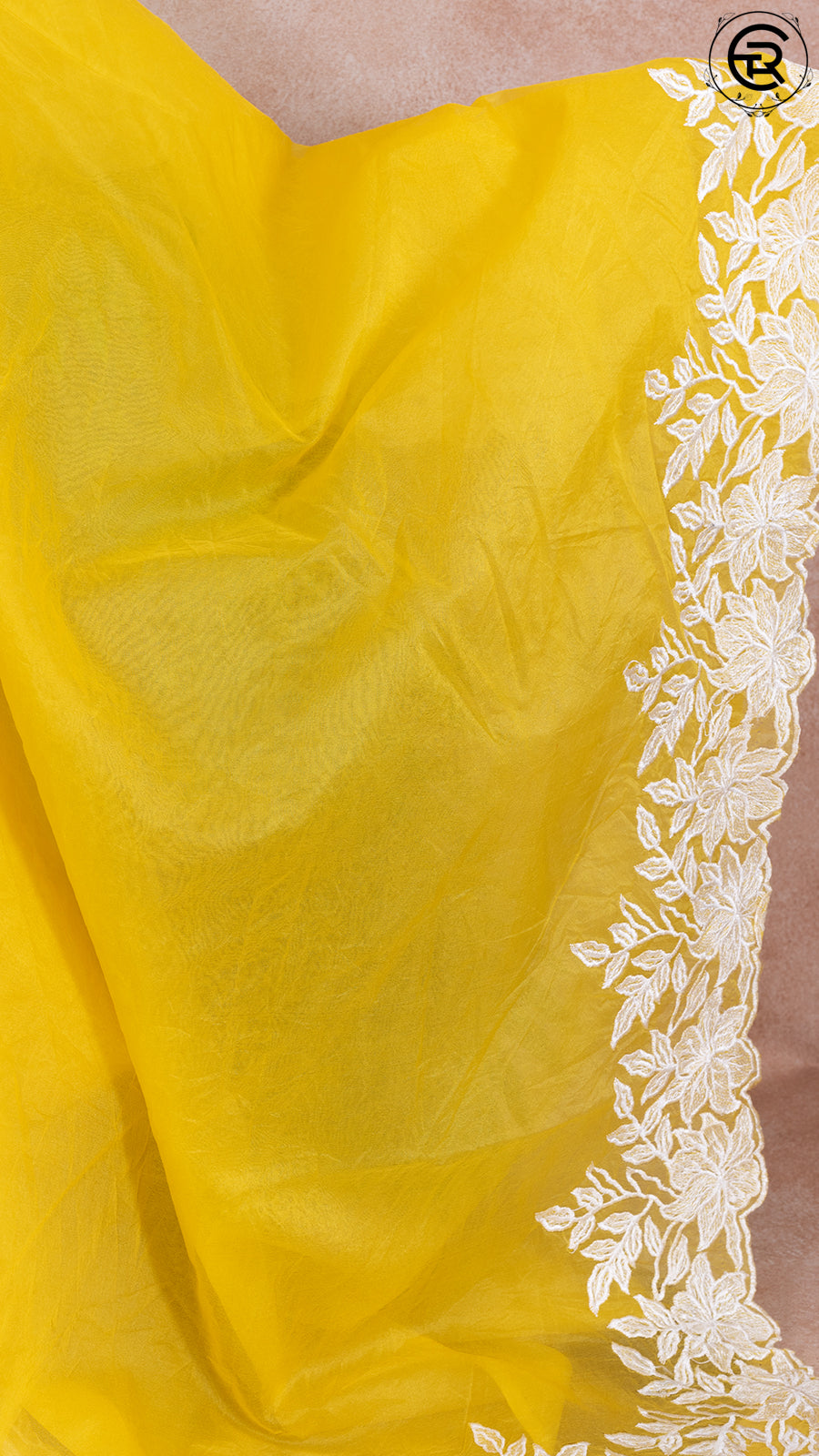 Yellow Embroidered Scallop Border Kora Organza Saree