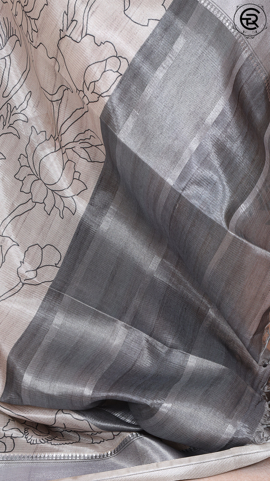 Beige and Grey Pichwai Patterned Mangalagiri Silk Saree
