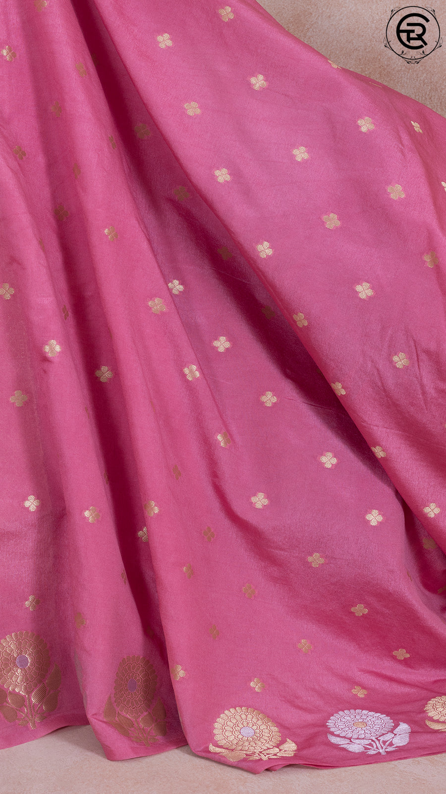 Pink Floral Open Border Banarasi Warm Silk Saree
