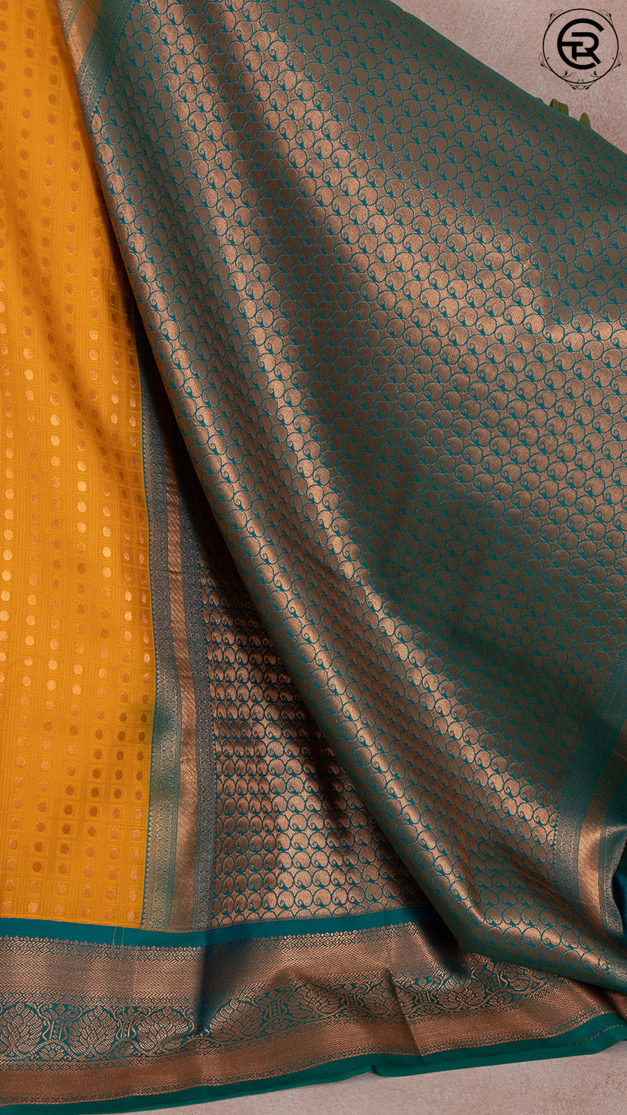 Golden Rod Yellow and Jade Green Festive Silk Gold Zari Woven Oval Checked Butta with Floral Design Border Ka
