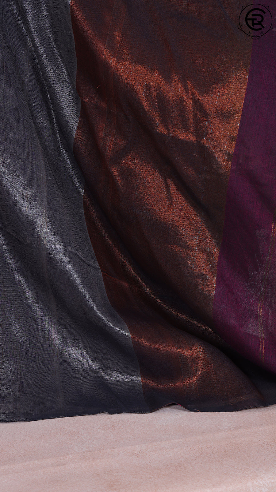Burgundy with Silver and Copper Pallu Tissue Khadi Cotton Saree