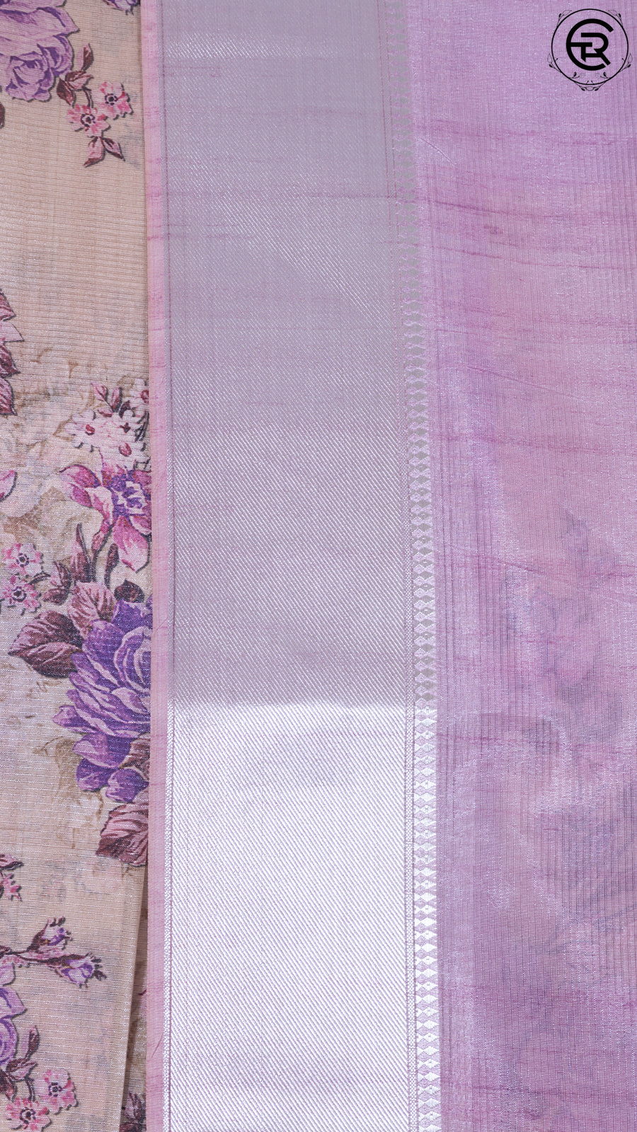 Violet and Beige Floral Printed with Simple Pallu Mangalagiri Silk Saree