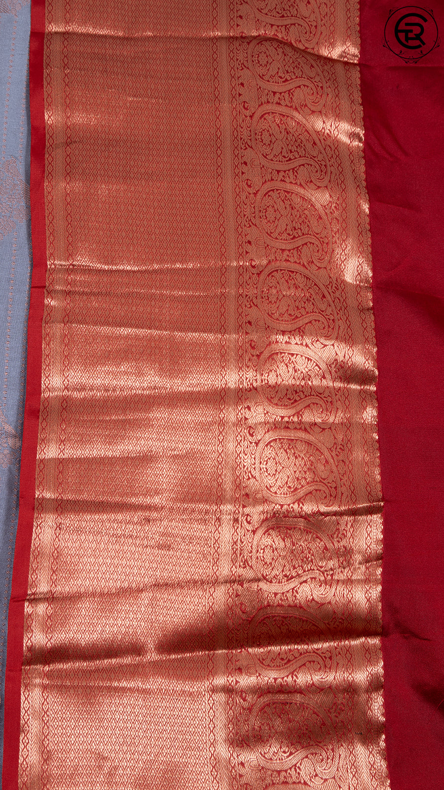 Pigeon Grey and Crimson Red Bridal Pure Silk Gold Zari Woven Doted Line Floral Butta with 10 Inch Mango Heavy