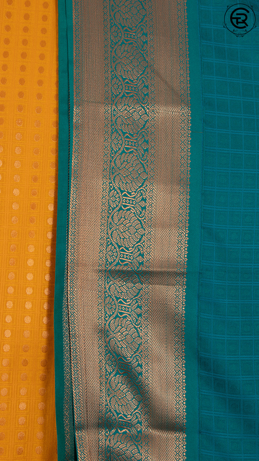 Golden Rod Yellow and Jade Green Festive Silk Gold Zari Woven Oval Checked Butta with Floral Design Border Ka