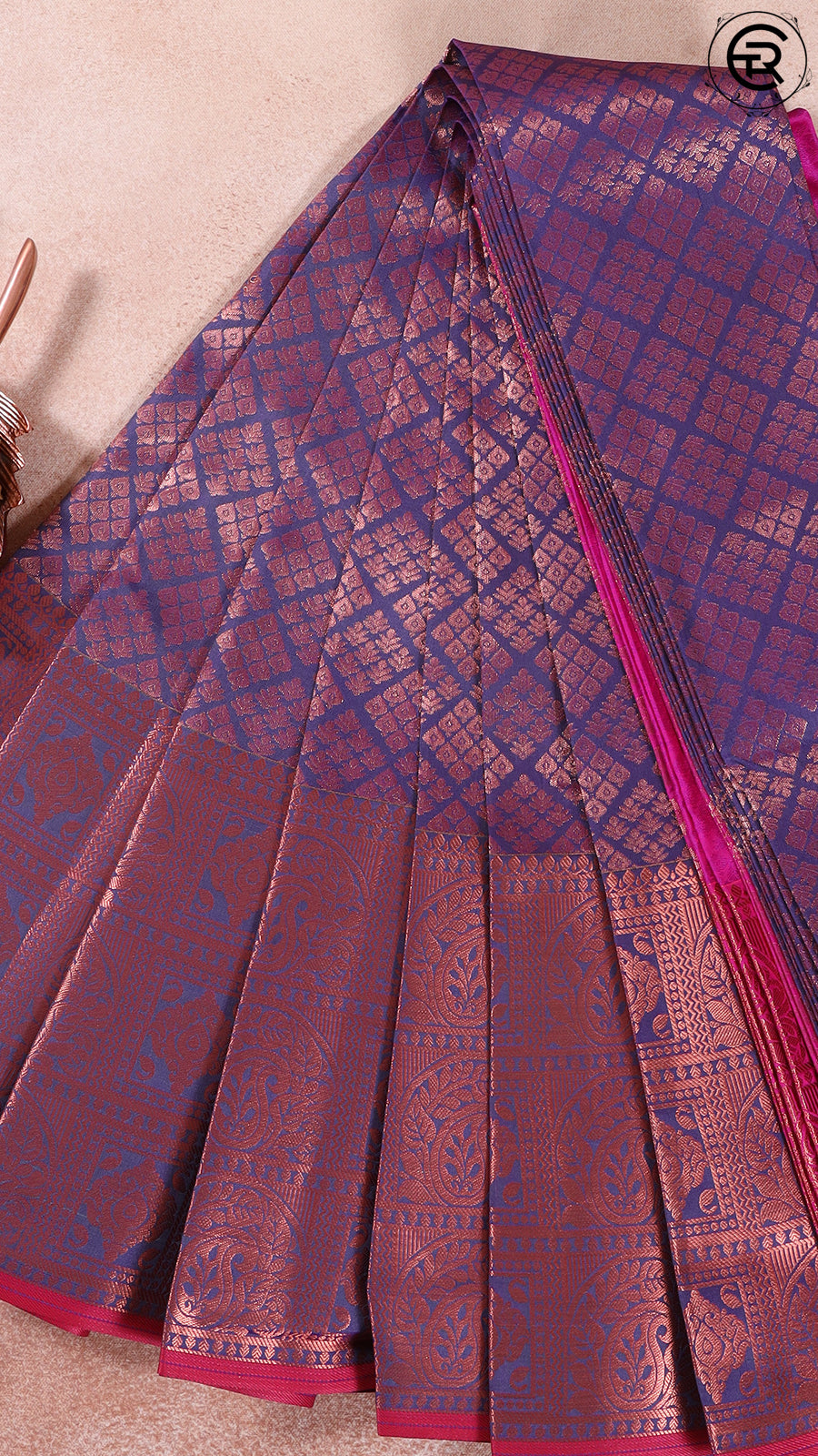 Greyish Blue & Pink Bridal Silk Gold Zari Woven Floral Mango Matrix Design Kanchipuram Set