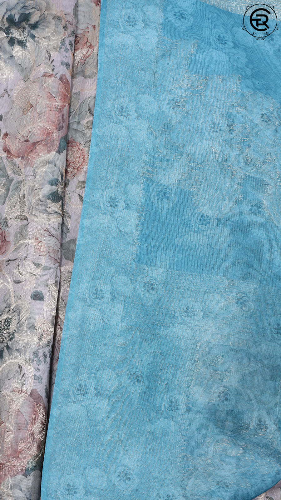 Cream and Teal Blue Floral Jute Banaras Saree