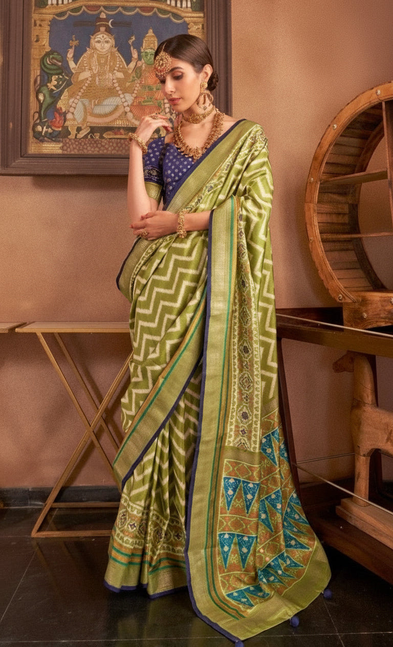Parrot Green and Blue Leheriya Patola Contemporary Banarasi Crepe Silk Saree