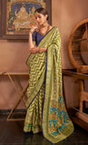 Parrot Green and Blue Leheriya Patola Contemporary Banarasi Crepe Silk Saree