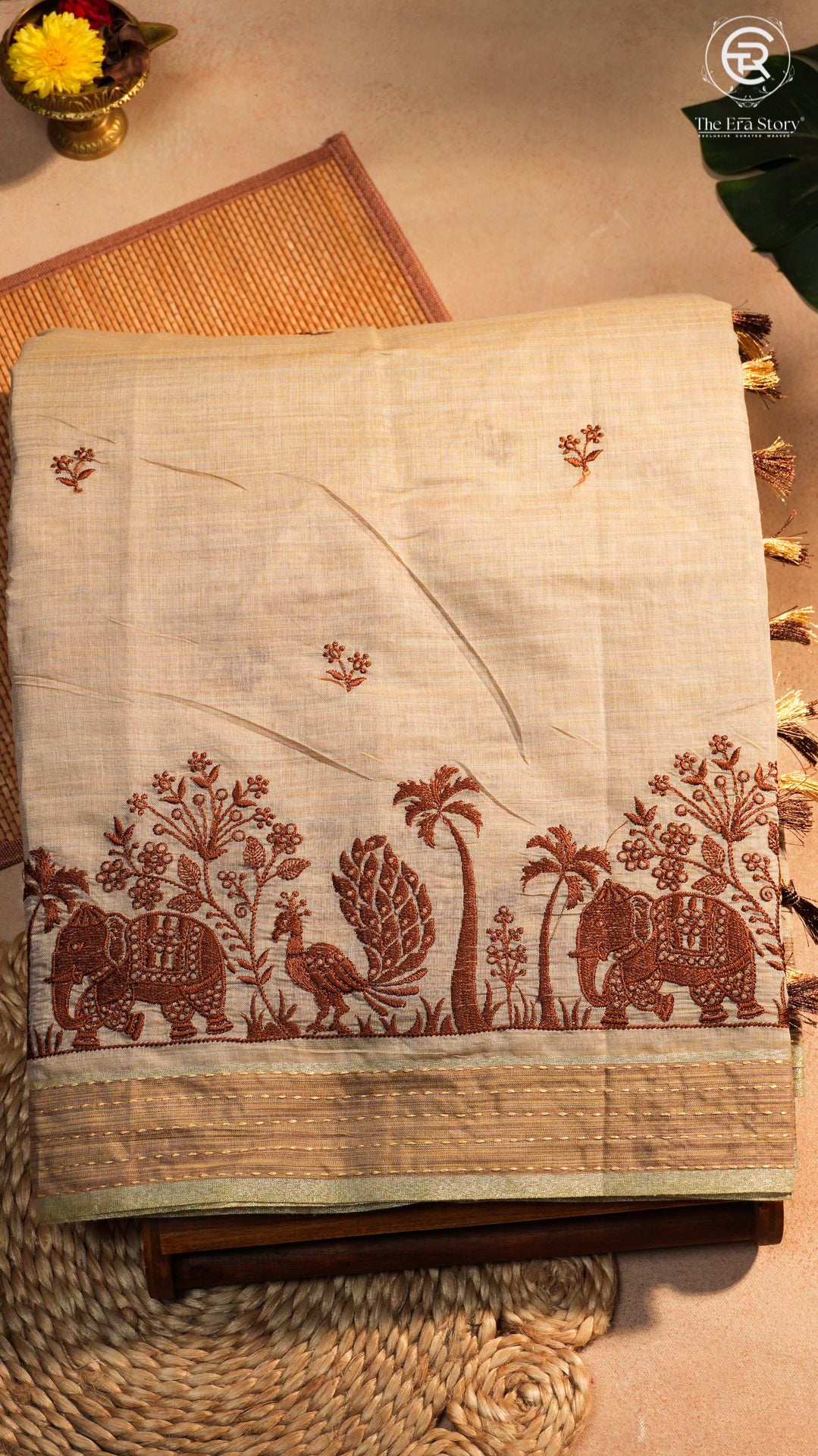 Beige & Brown Elephant Peacock Kantha Tussar Silk Saree