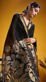 Black Gold Silver Floral Sequined Tussar Silk Saree