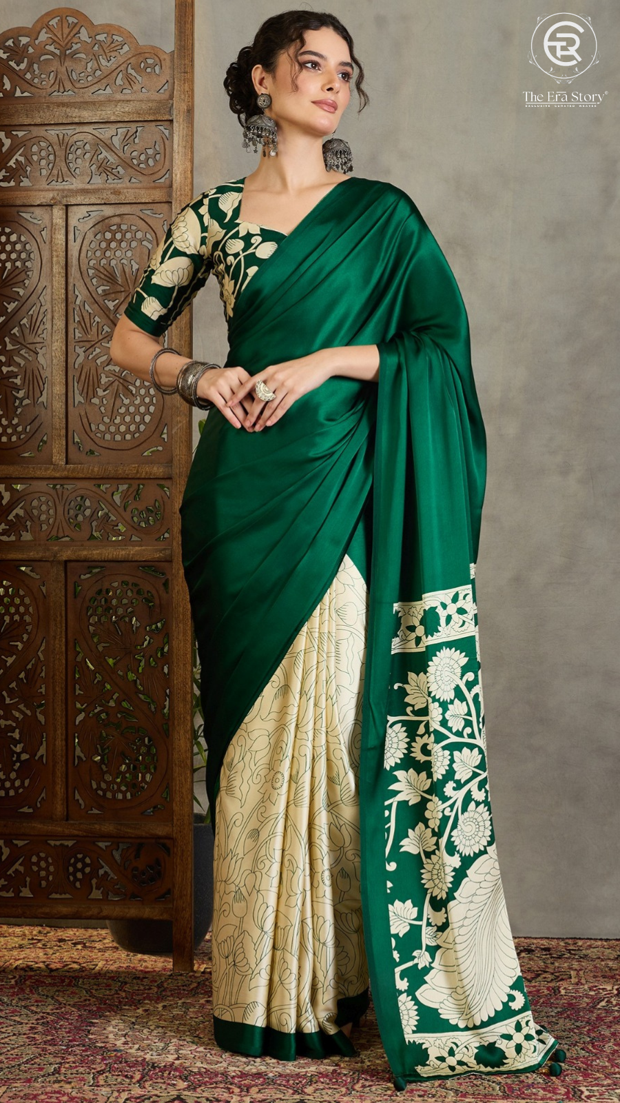 Green Beige Pichwai Kalamkari Satin Crepe Saree