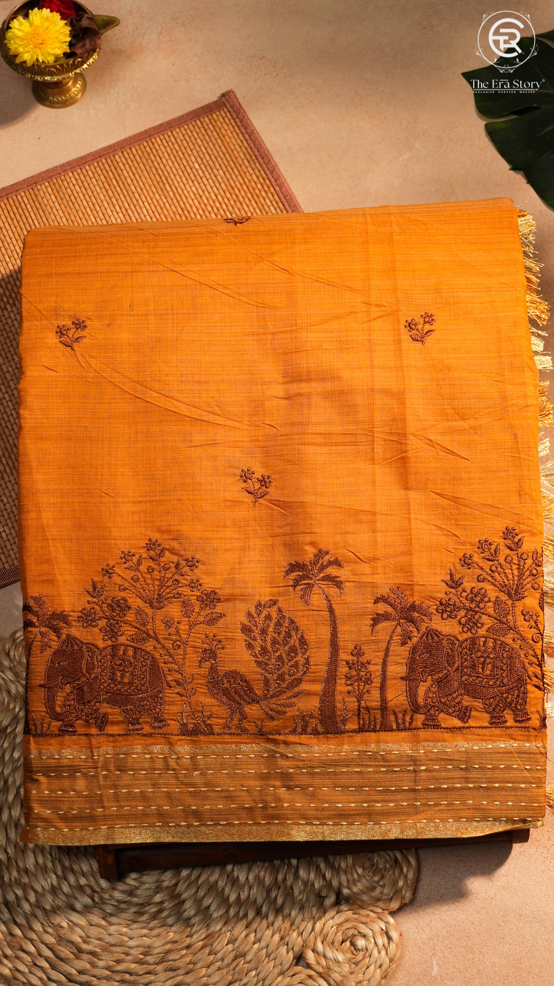 Mustard Yellow & Brown Elephant Peacock Kantha Tussar Silk Saree