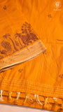 Mustard Yellow & Brown Elephant Peacock Kantha Tussar Silk Saree