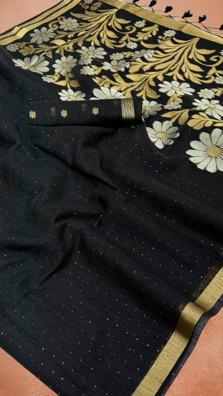 Black Gold Silver Floral Sequined Tussar Silk Saree