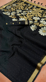 Black Gold Silver Floral Sequined Tussar Silk Saree