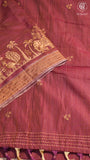 Brown & Beige Elephant Peacock Kantha Tussar Silk Saree