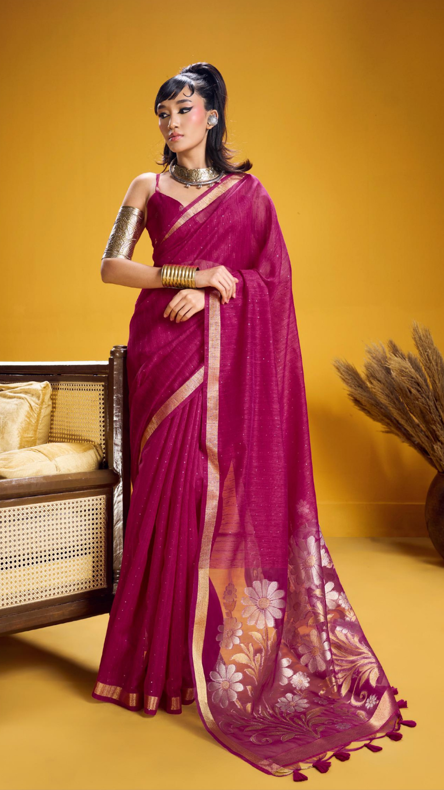 Pink Gold Silver Floral Sequined Tussar Silk Saree