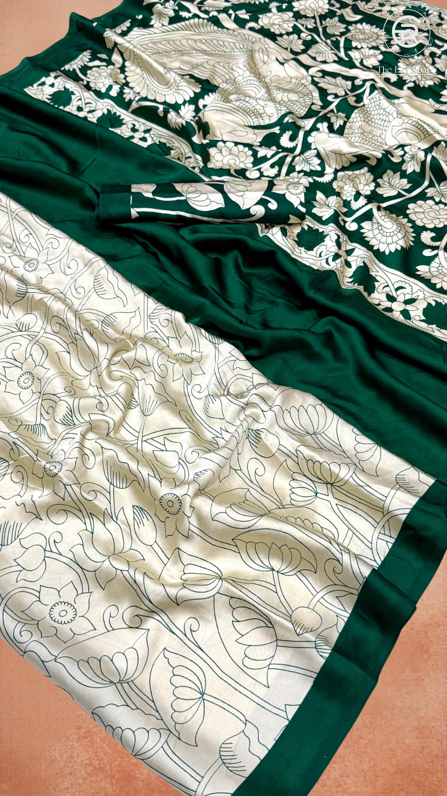 Green Beige Pichwai Kalamkari Satin Crepe Saree