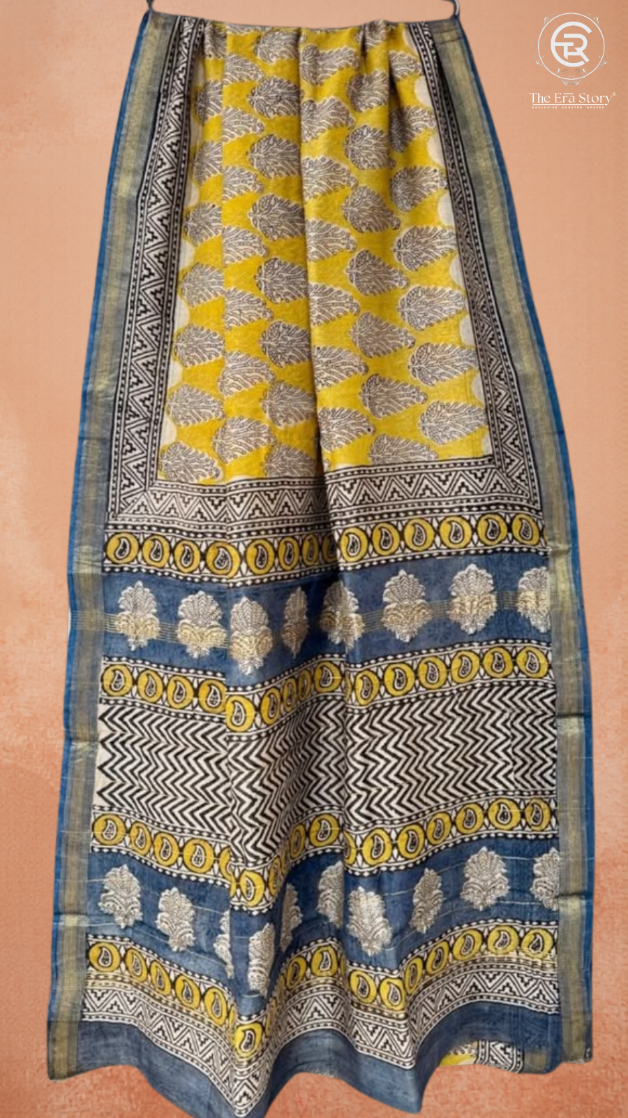 Yellow & Blue Floral Handblocked Pure Maheshwari Cotton Sarees