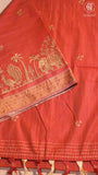 Peach Orange & Beige Elephant Peacock Kantha Tussar Silk Saree