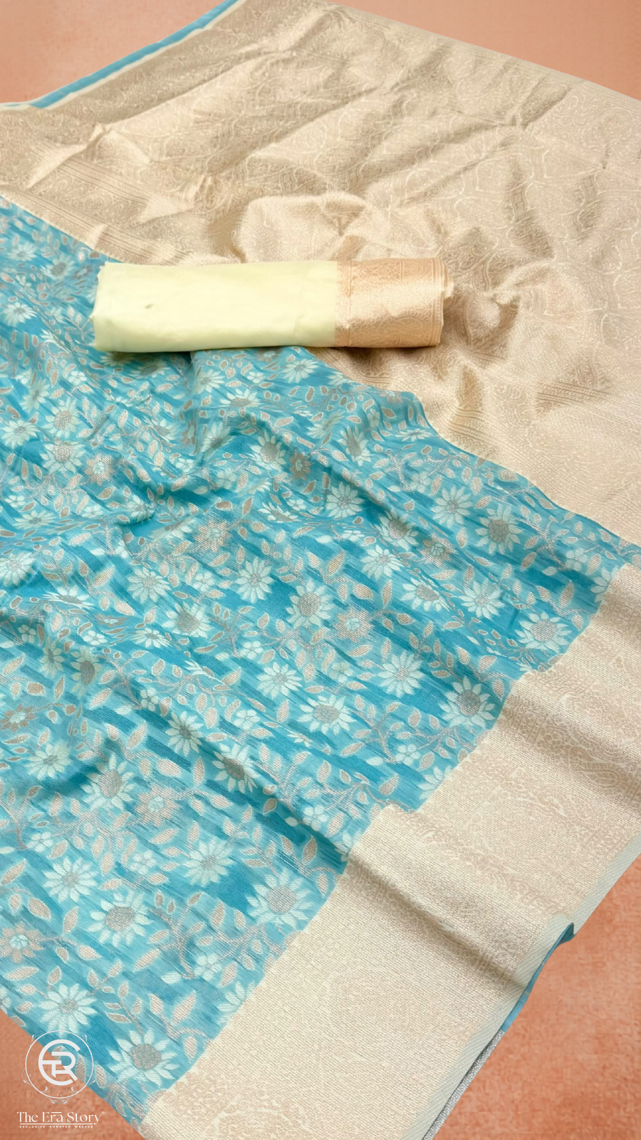 Blue & Beige Floral Designer Cotton Saree