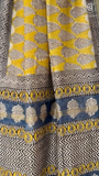 Yellow & Blue Floral Handblocked Pure Maheshwari Cotton Sarees