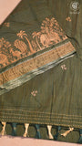 Olive Green & Beige Elephant Peacock Kantha Tussar Silk Saree