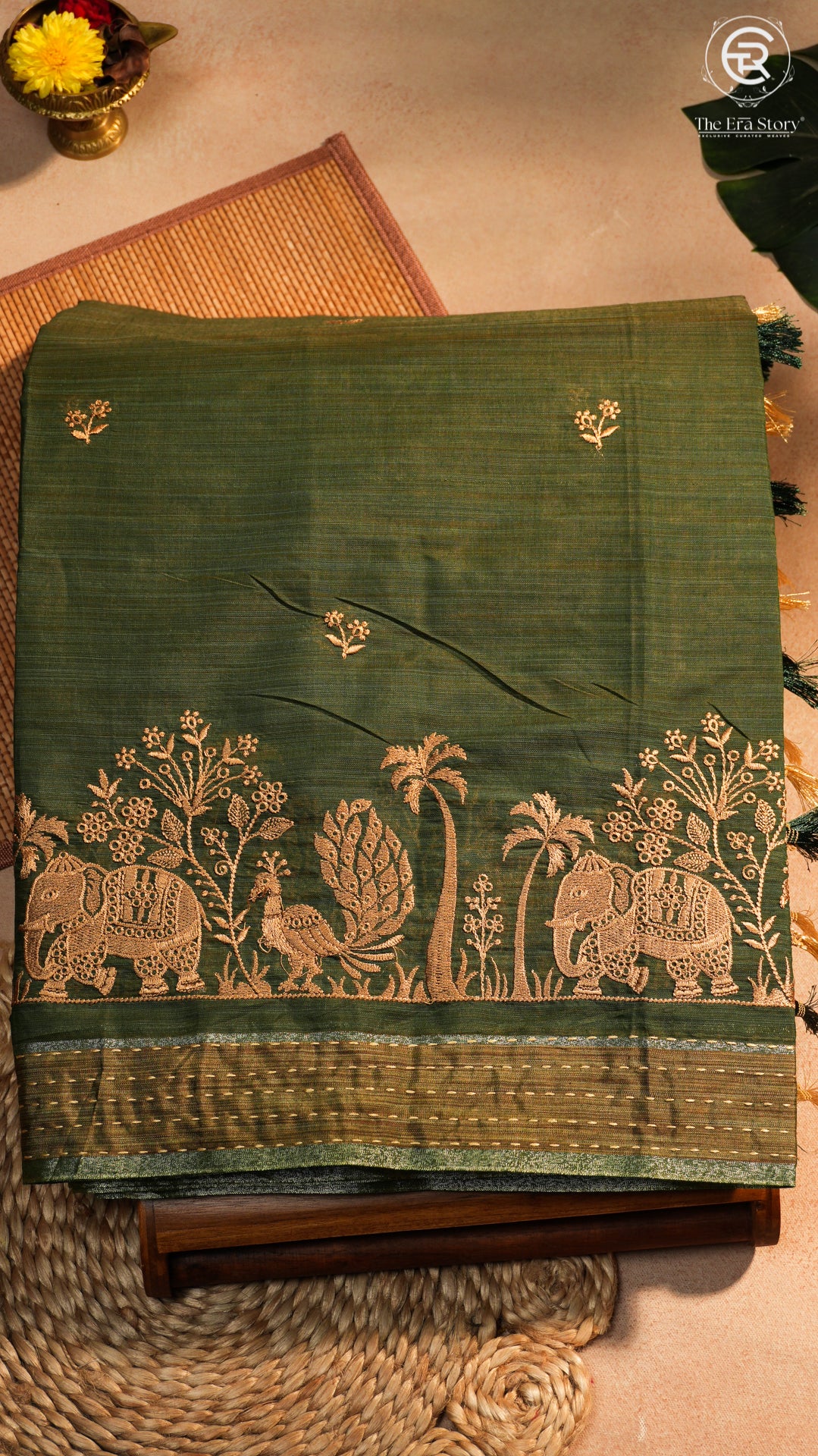 Olive Green & Beige Elephant Peacock Kantha Tussar Silk Saree