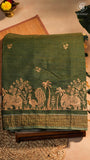 Olive Green & Beige Elephant Peacock Kantha Tussar Silk Saree