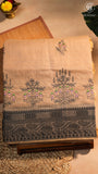 Beige & Grey Warli Embroidered Jamdani Cotton Saree