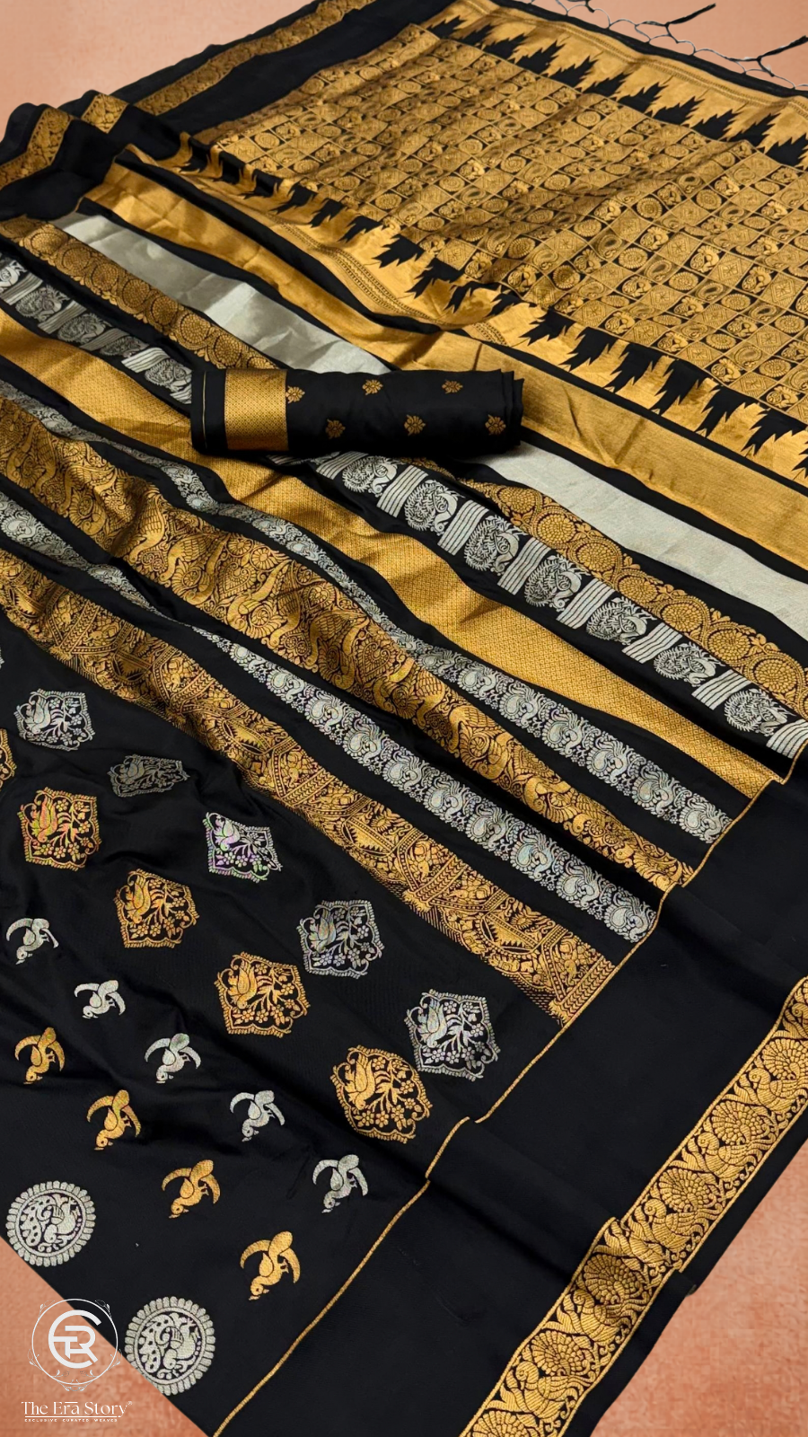 Black Gold Silver Peacock Kanchi Silk Saree
