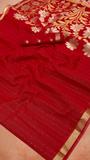 Red Gold Silver Floral Sequined Tussar Silk Saree