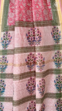 Pink & Green Floral Handblocked Pure Maheshwari Cotton Sarees