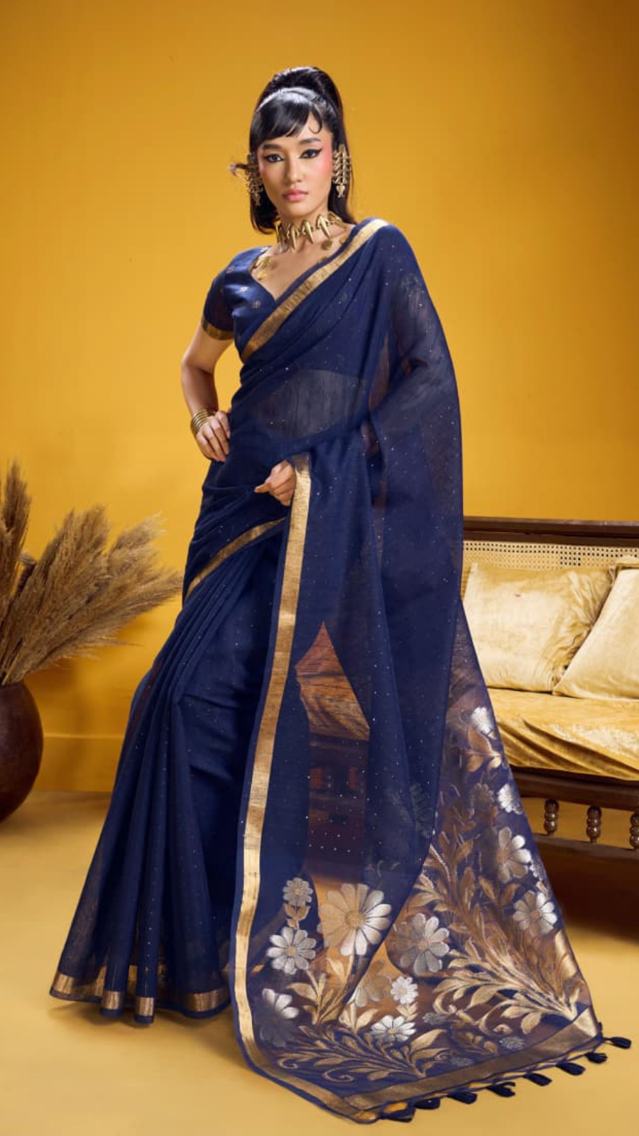 Blue Gold Silver Floral Sequined Tussar Silk Saree
