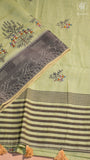 Pista Green & Black Warli Embroidered Jamdani Cotton Saree