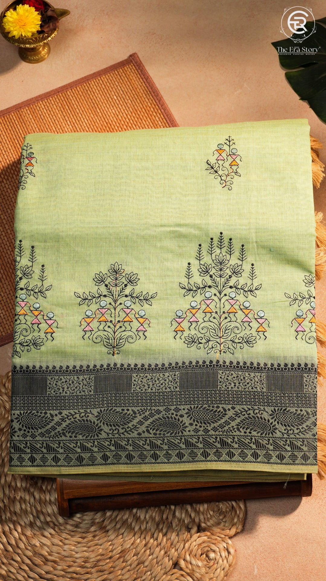 Pista Green & Black Warli Embroidered Jamdani Cotton Saree