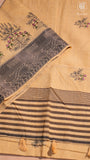 Mild Yellow & Black Warli Embroidered Jamdani Cotton Saree