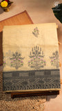 Mild Yellow & Black Warli Embroidered Jamdani Cotton Saree