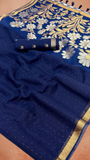 Blue Gold Silver Floral Sequined Tussar Silk Saree