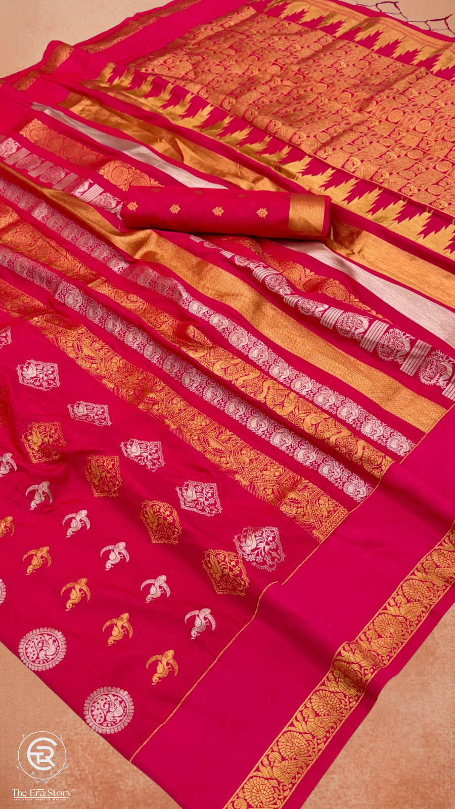 Red Gold Silver Peacock Kanchi Silk Saree