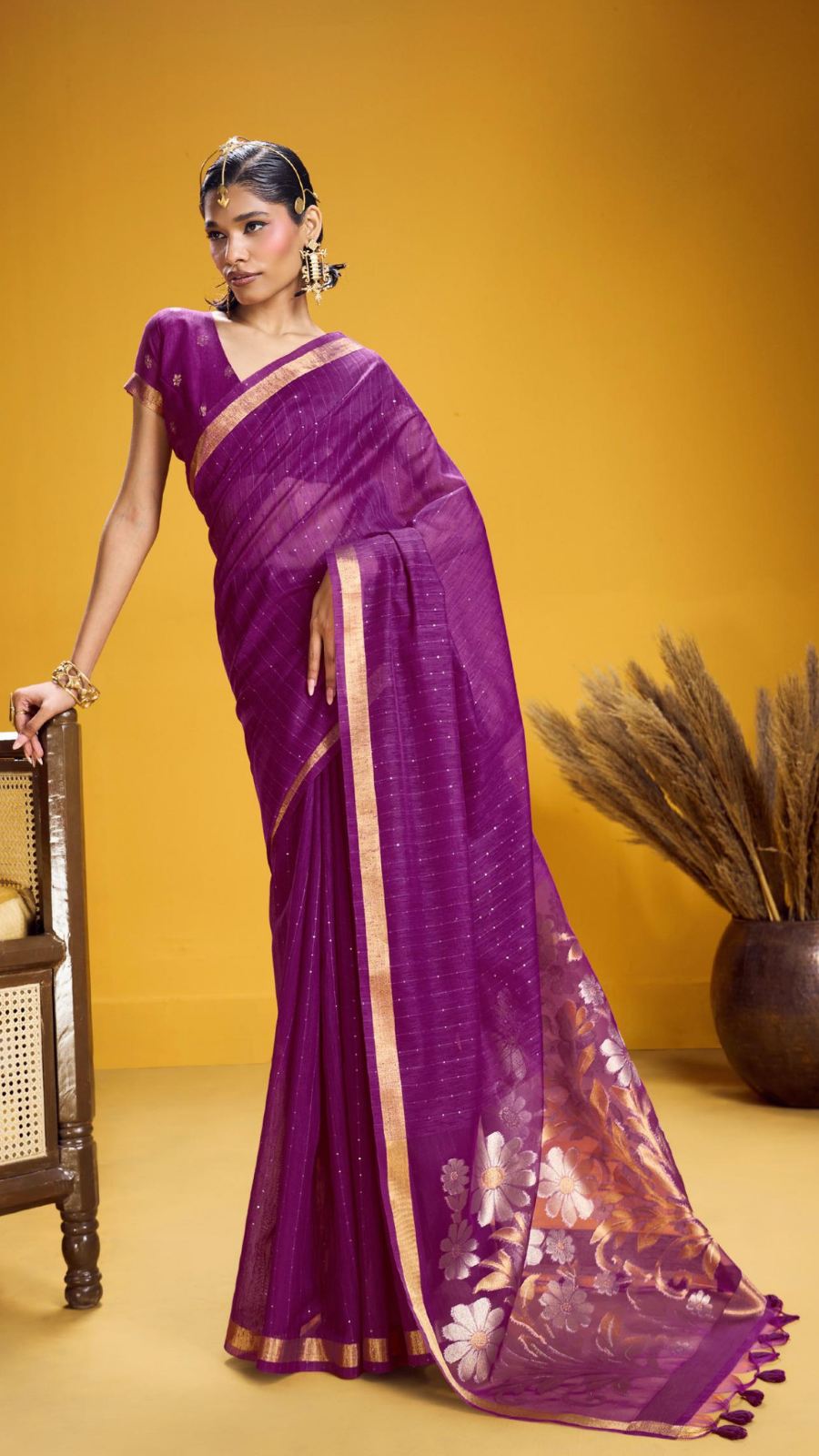 Purple Gold Silver Floral Sequined Tussar Silk Saree