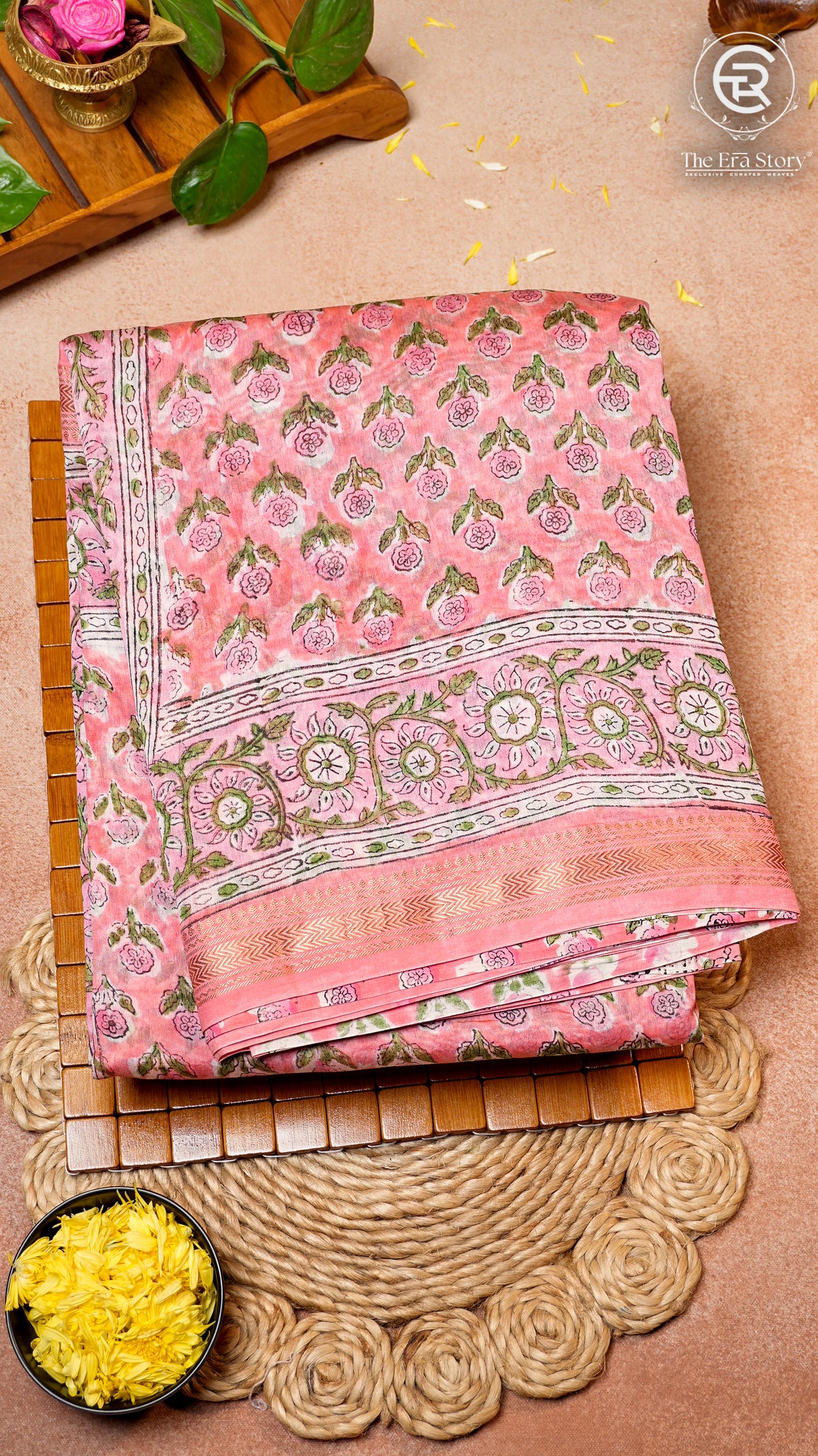 Peach Floral Handblocked Pure Maheshwari Cotton Sarees